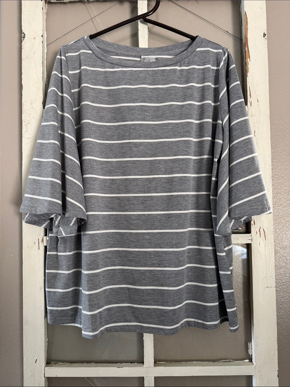 Tickled Teal Gray and White Striped Short flutter Sleeved Top - New without tags